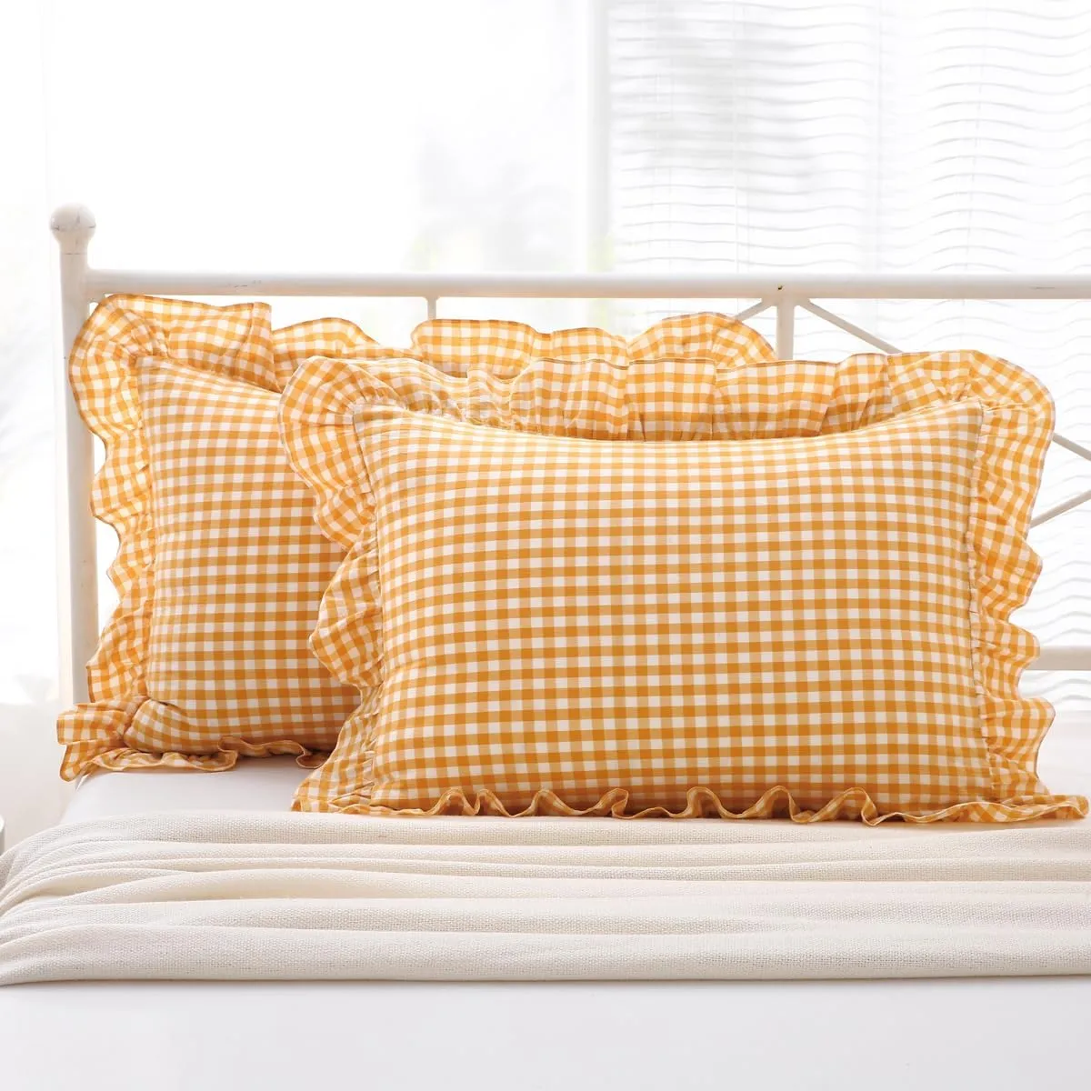 Yellow/White Plaid Ruffle Pillow Shams King Size Set of 2, Checkered Washed Cotton Mustard Gingham Pillow Covers Vintage Pillowcases 20"x36"