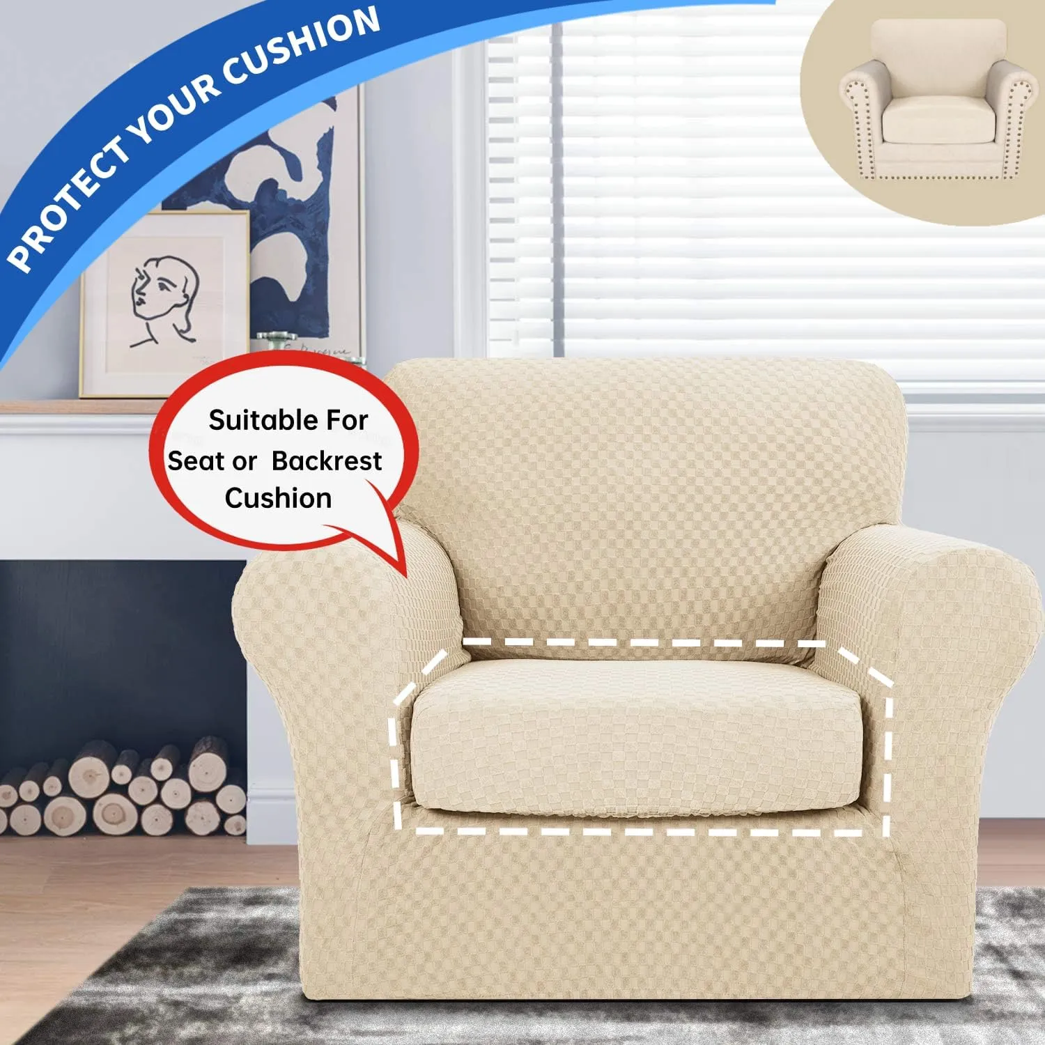 YEMYHOM Stretch Individual Cushion Covers Sofa Chair Seat Cushion Slipcovers Soft Couch Cover Replacement Large Checkered Furniture Protector with Elastic Bottom (1 Pc Cushion Cover, Light Beige)