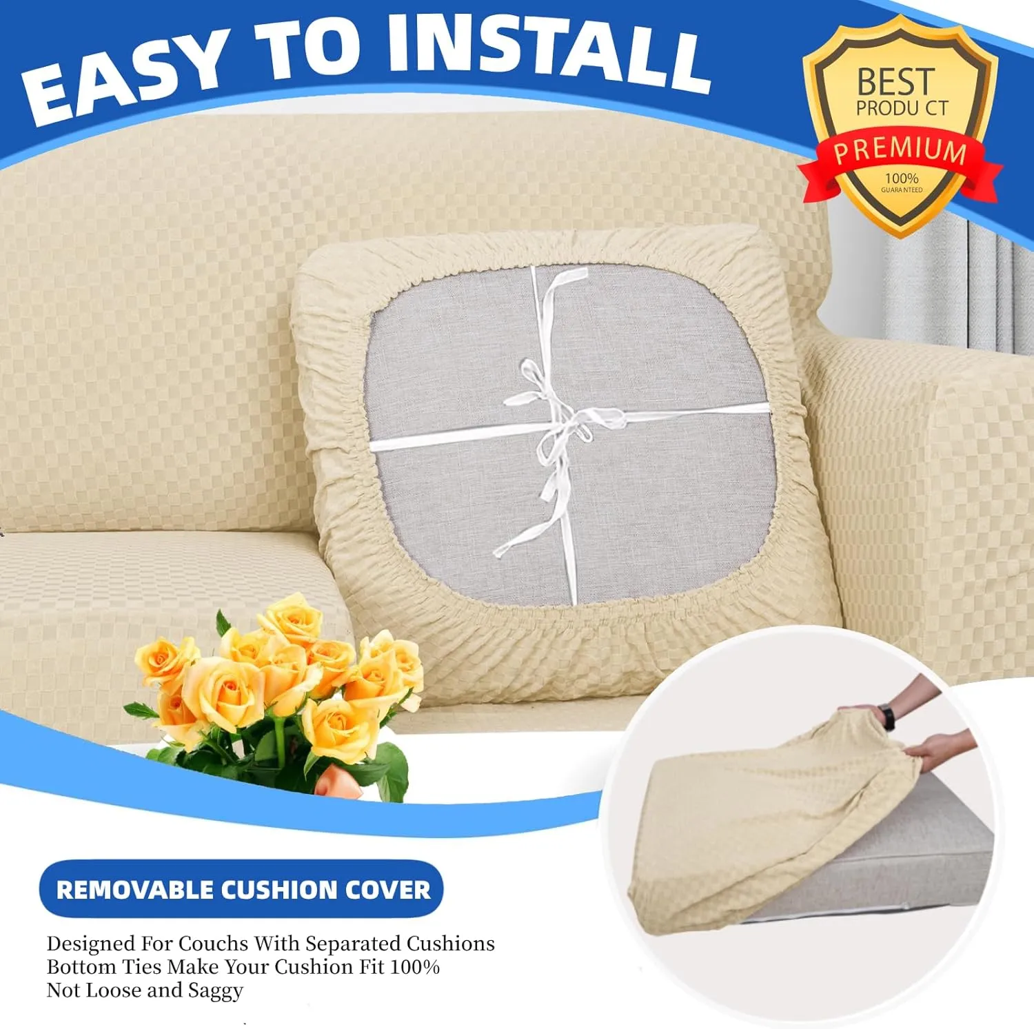 YEMYHOM Stretch Individual Cushion Covers Sofa Chair Seat Cushion Slipcovers Soft Couch Cover Replacement Large Checkered Furniture Protector with Elastic Bottom (1 Pc Cushion Cover, Light Beige)