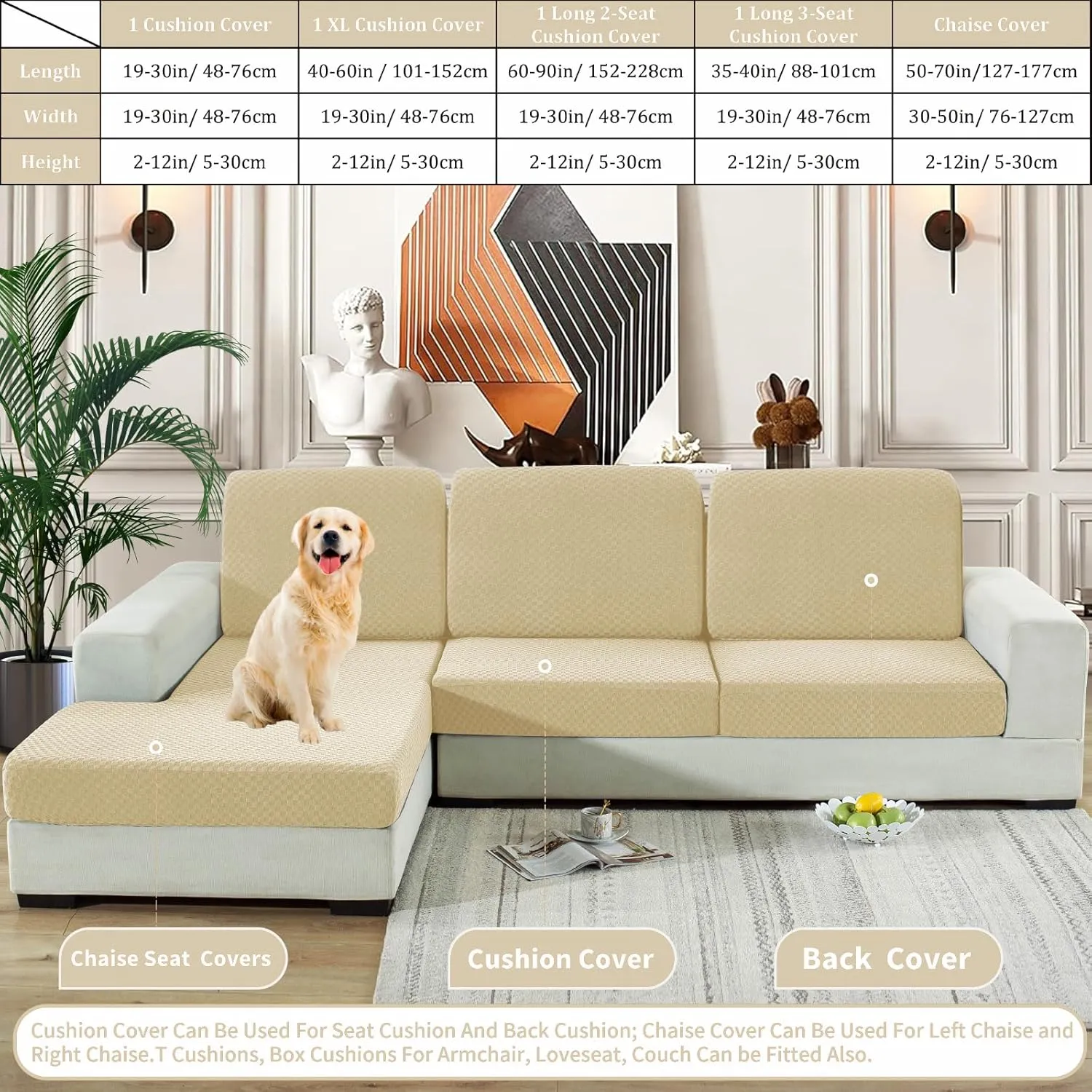 YEMYHOM Stretch Individual Cushion Covers Sofa Chair Seat Cushion Slipcovers Soft Couch Cover Replacement Large Checkered Furniture Protector with Elastic Bottom (1 Pc Cushion Cover, Light Beige)