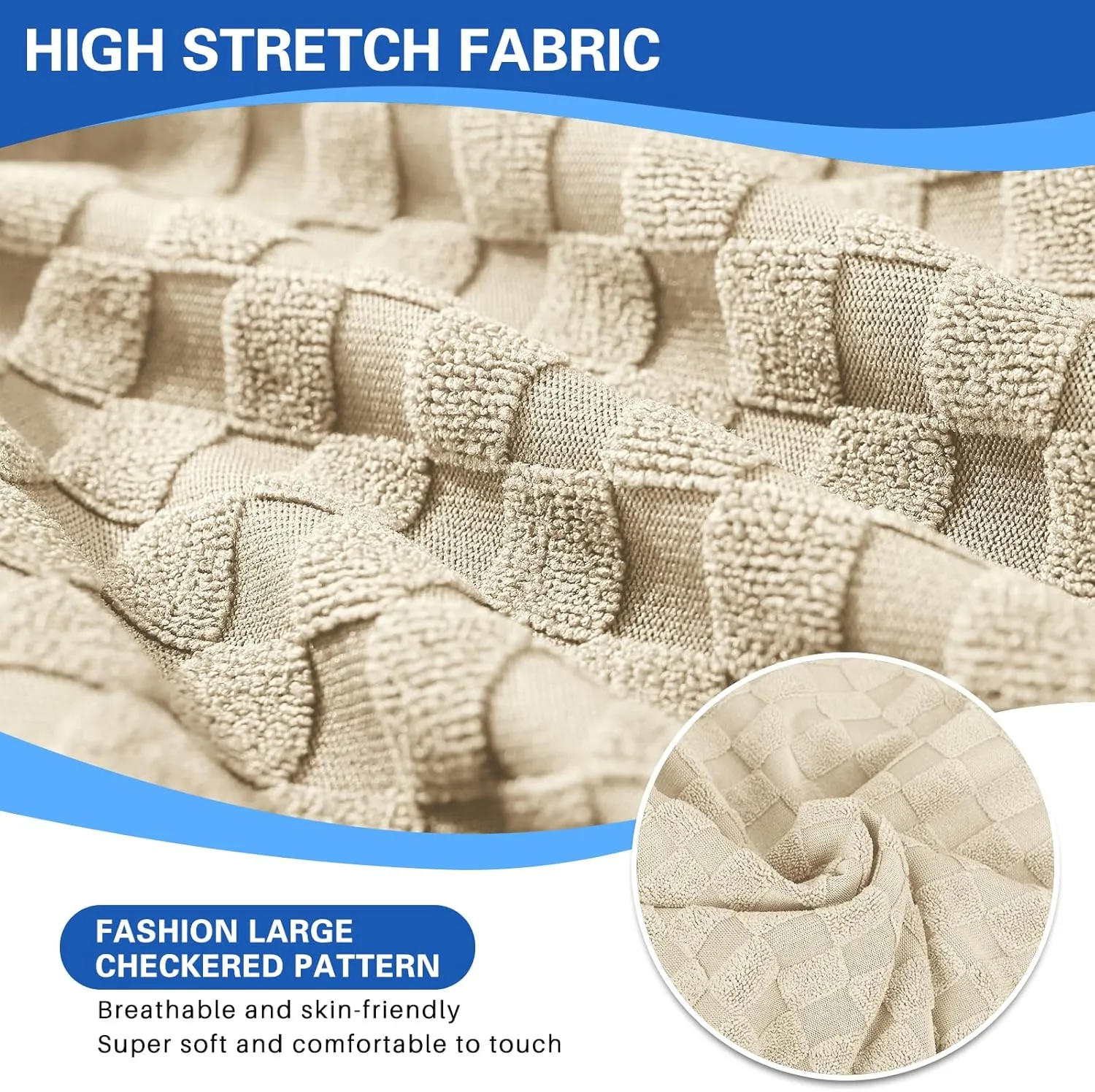 YEMYHOM Stretch Individual Cushion Covers Sofa Chair Seat Cushion Slipcovers Soft Couch Cover Replacement Large Checkered Furniture Protector with Elastic Bottom (1 Pc Cushion Cover, Light Beige)
