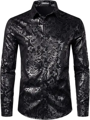 ZEROYAA Men's Luxury Gold Prom Design Slim Fit Long Sleeve Button up Party Dress Shirts