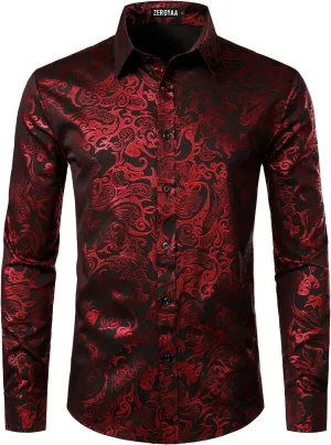 ZEROYAA Men's Luxury Gold Prom Design Slim Fit Long Sleeve Button up Party Dress Shirts