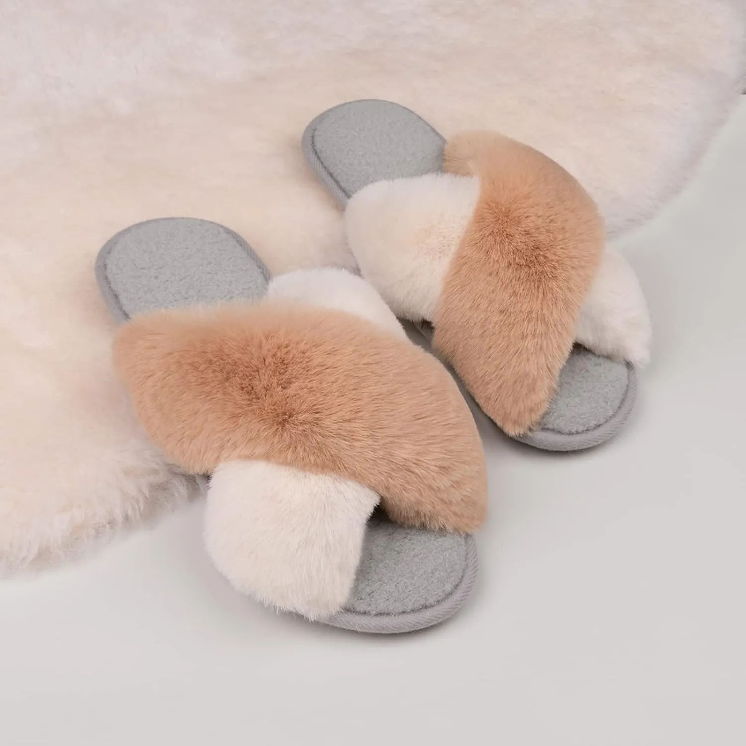 Zizor Women's Open Toe Fluffy Slippers with Memory Foam, Ladies' Cross Band House Shoes, Faux Fur Slip on Home Slippers for Indoor Outdoor