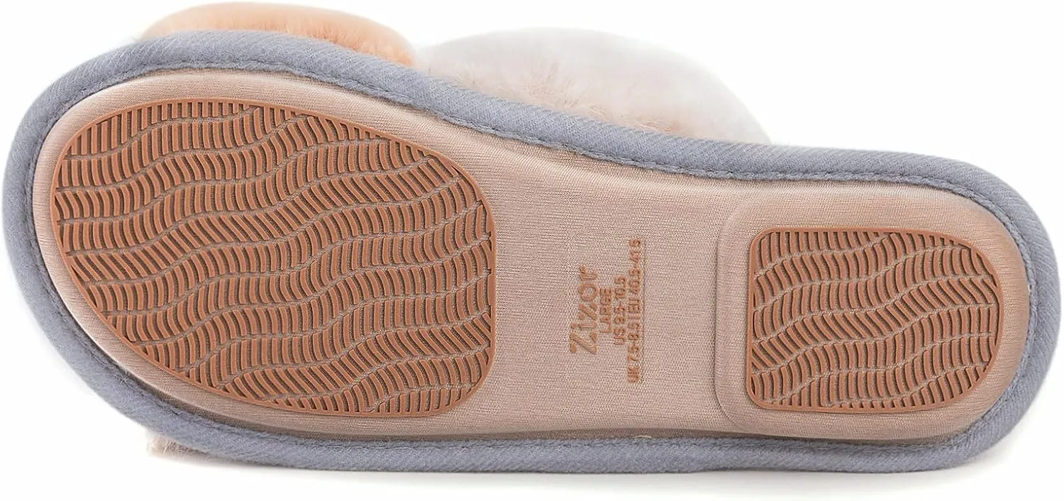Zizor Women's Open Toe Fluffy Slippers with Memory Foam, Ladies' Cross Band House Shoes, Faux Fur Slip on Home Slippers for Indoor Outdoor