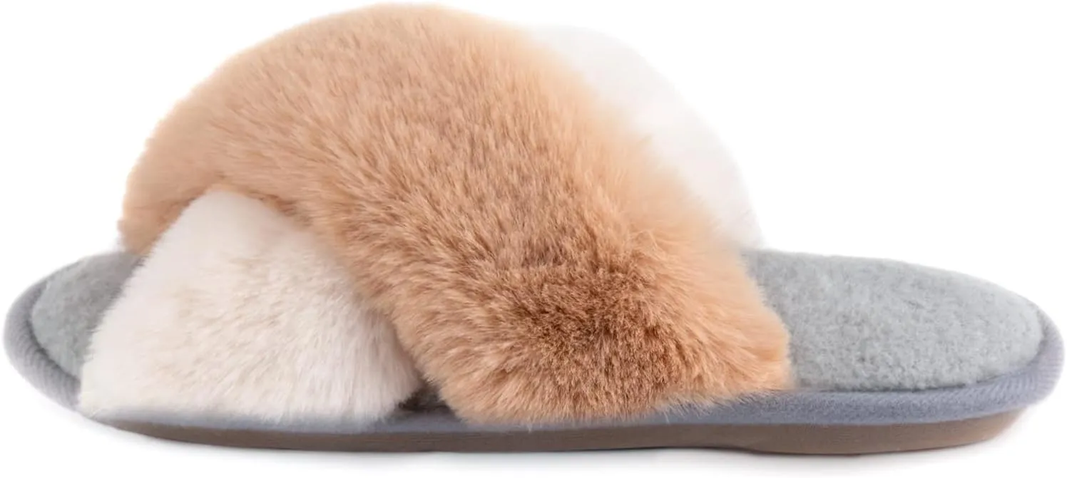 Zizor Women's Open Toe Fluffy Slippers with Memory Foam, Ladies' Cross Band House Shoes, Faux Fur Slip on Home Slippers for Indoor Outdoor