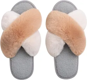 Zizor Women's Open Toe Fluffy Slippers with Memory Foam, Ladies' Cross Band House Shoes, Faux Fur Slip on Home Slippers for Indoor Outdoor